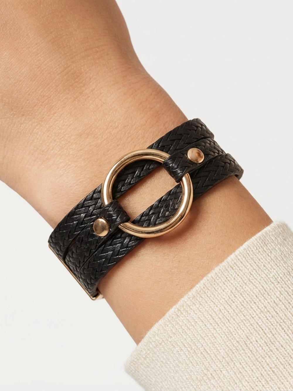 Black Braided Leather O-Ring Bracelet • Gold Circle Accent Minimalist Wrap